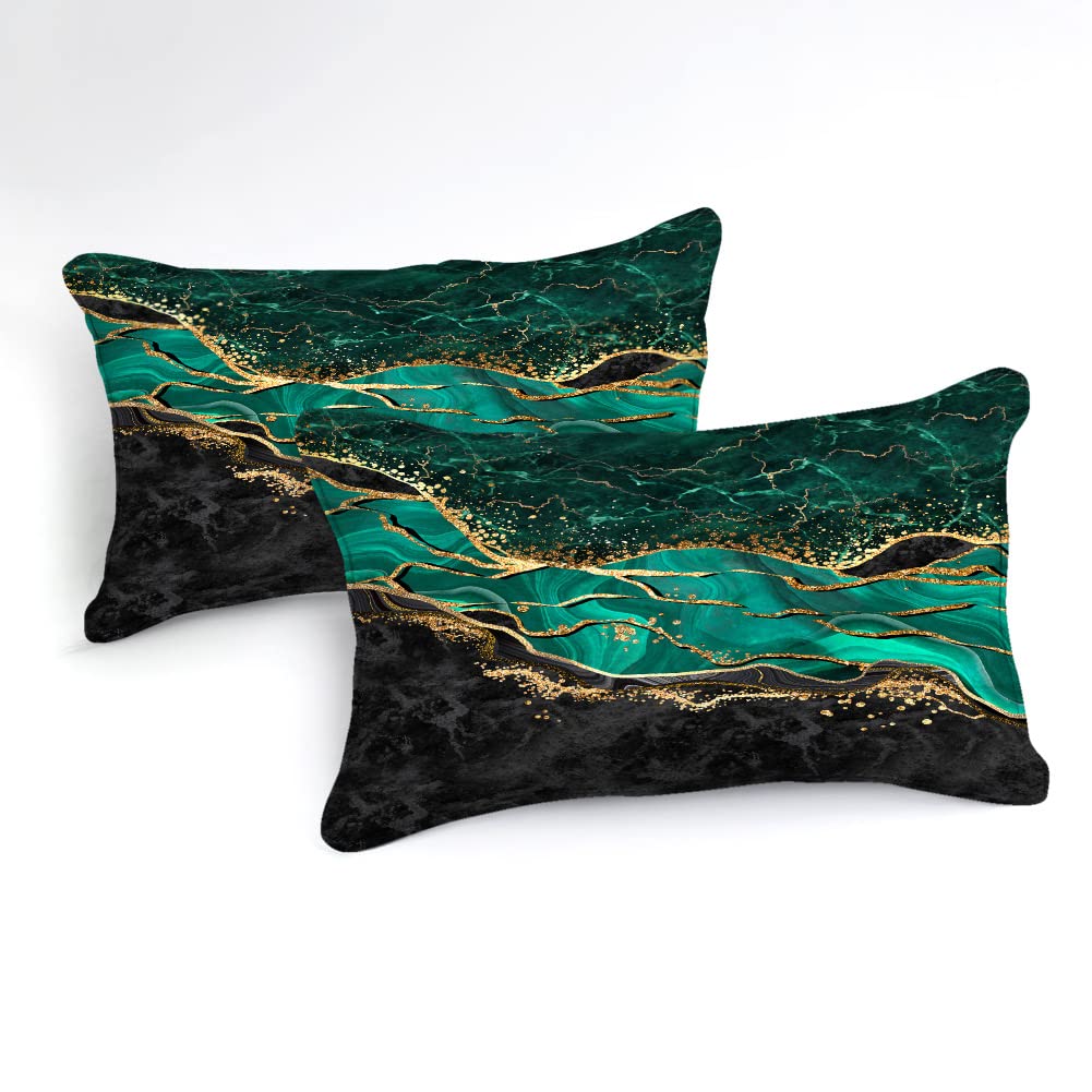 Queen Comforter Set Emerald Green, Marble Bedding Comforter Set, Metallic Foil Print Black Gold Bedding Dark Green Abstract Modern Comforter Set