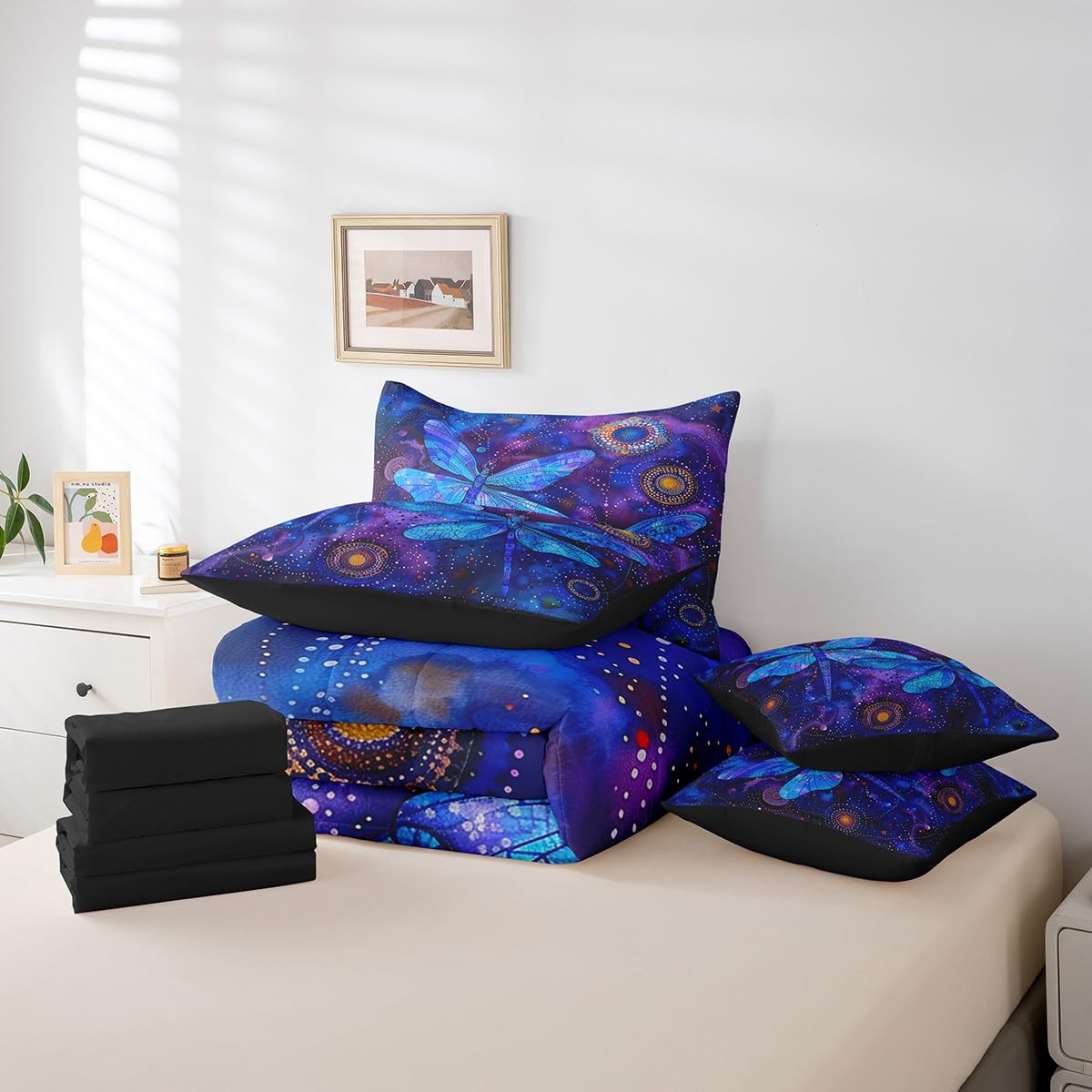Erosebridal Boho Dragonfly Comforter Set Queen,Trippy Flying Wildlife Bedding Set 7Pcs,Bohemian Tribal Mandala Bed in a Bag for Kids Girls Women,Blue Purple Starry Sky Quilt