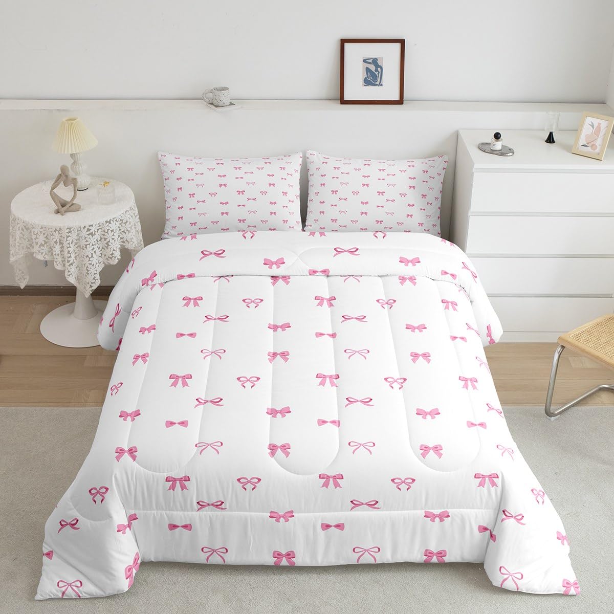 Erosebridal Bow Comforter Set Full Size, Girls Pink Bow Bedding for Kids Women Ultra Soft Cute Bowknot Comforter Kawaii Room Decor Duvet Set Coquette Princess Bowtie Quilt with 2 Pillow Cases