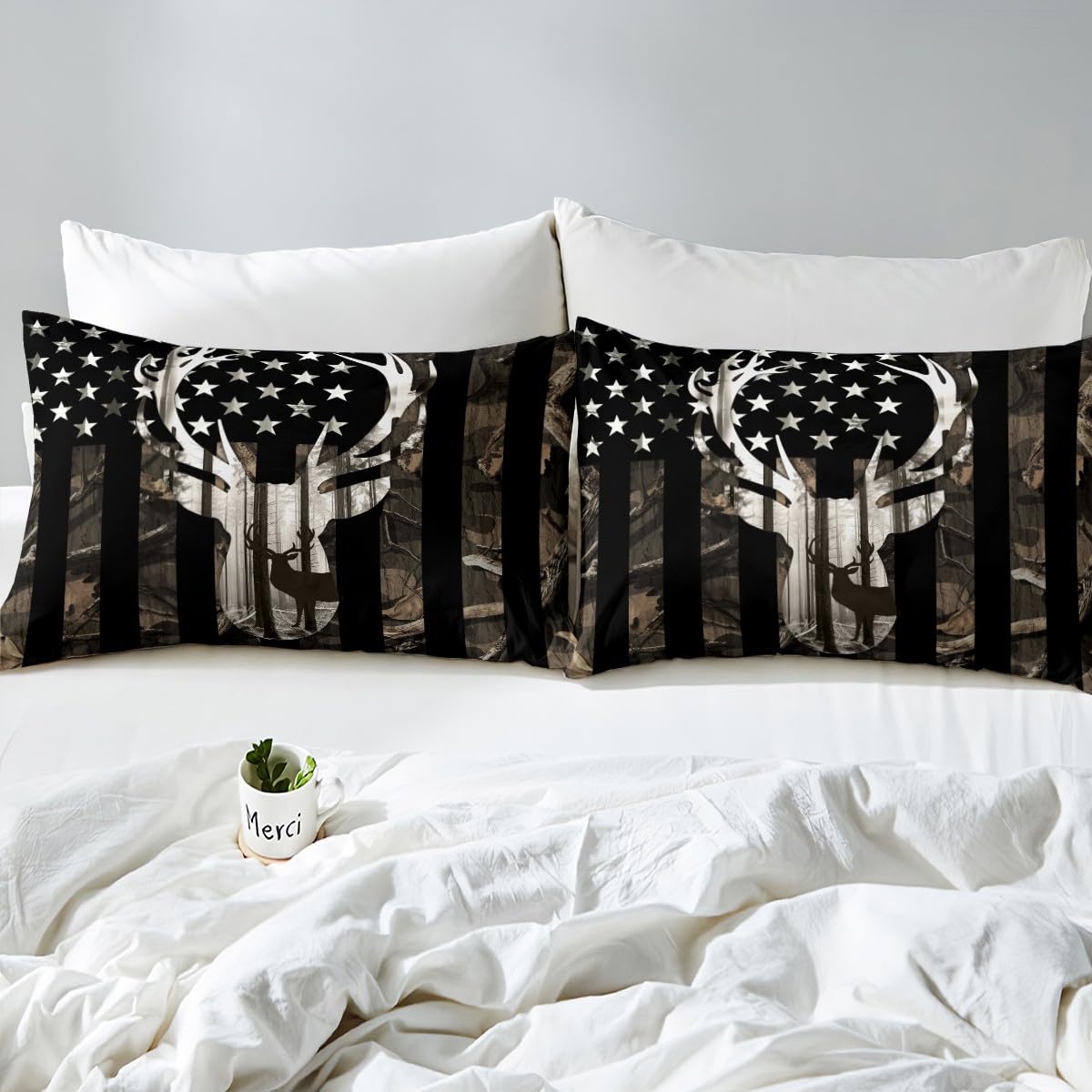 Grey Camo USA Flag Fitted Sheet Set Full Size 4pcs, Camouflage Deer Antlers Silhouette and Trees Bedding Set(1 Fitted,1 Flat,2 Pillowcases),American Flag Luxury Deep Pocket Bed Sheets for Girls Teen