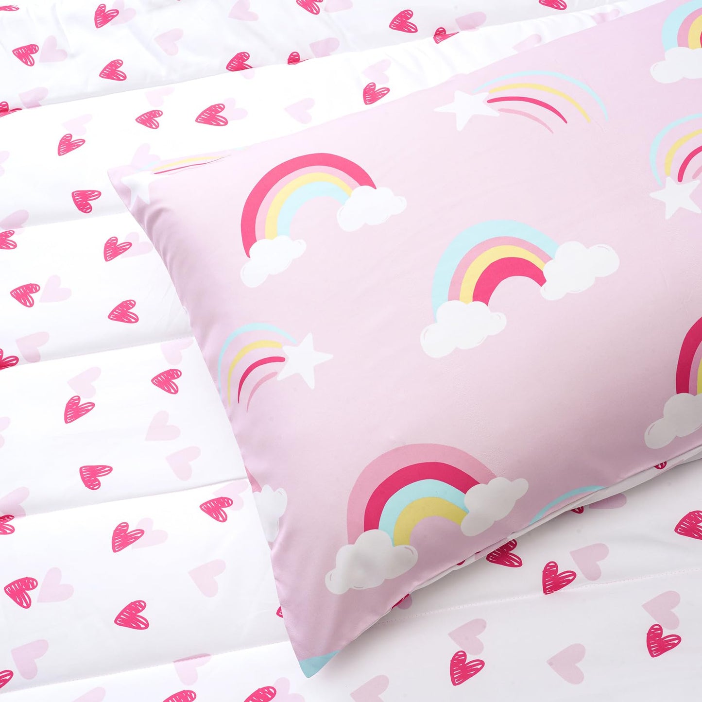 david's kids 4 Piece Toddler Bedding Set - Soft Breathable Toddler Bedding Set for Girls, Includes Quilted Comforter, Flat Sheet, Fitted Sheet and Pillowcase, Rainbow