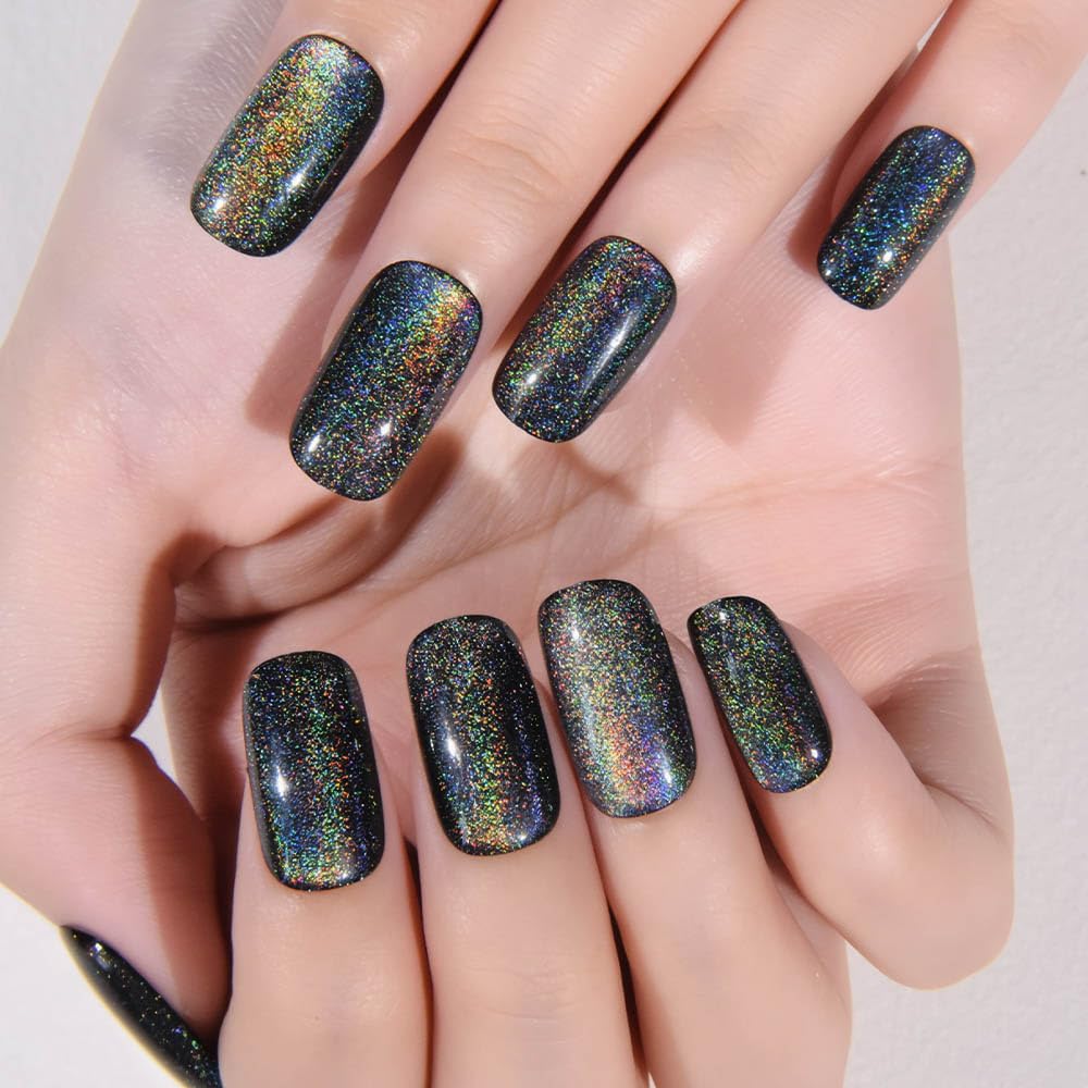 evpct Black Chrome Metallic Cat Eye Press on Nails Medium Square No Glue, Stick on Nails Medium Square for Women, Black Metallic Nail press ons, Iridescent Glitter Halloween Acrylic Fake Press on Nail