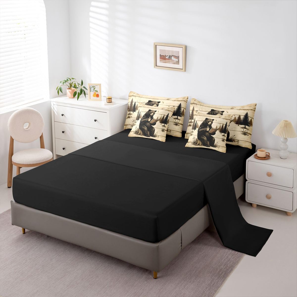 Feelyou Bear Comforter Set Twin Size 7 Pieces Rustic Cabin Country Bedding Set for Kids Boys Girls Lake Life Bed in a Bag with Comforter, Sheets, Pillowcases, Cushion Covers Wild Animal Bedroom Decor