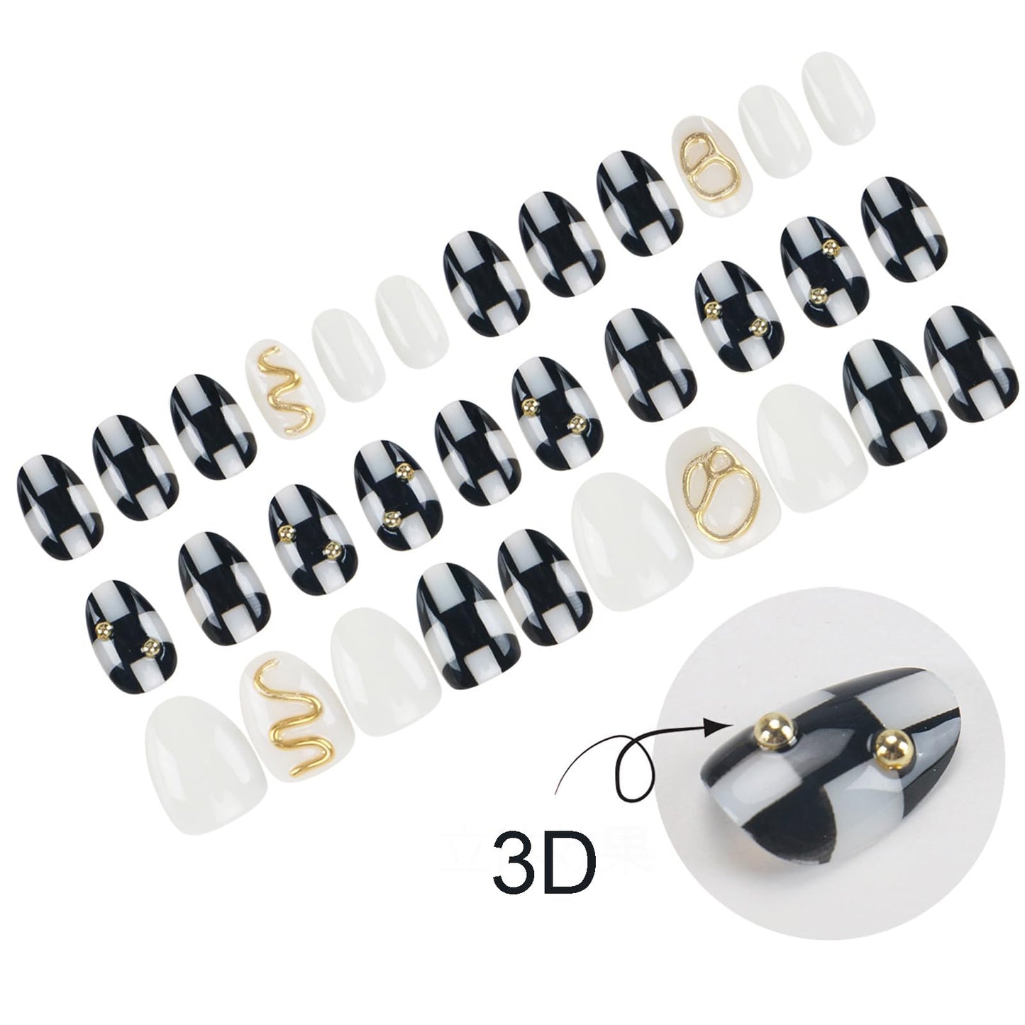 32Pcs Short Oval Press on Nails - Gothic Black White Checkerboard with 3D Gold Metallic Lines, Reusable Acrylic False Nails, Full Cover Glue on Nails for Women, Luxury DIY Manicure Set for Women