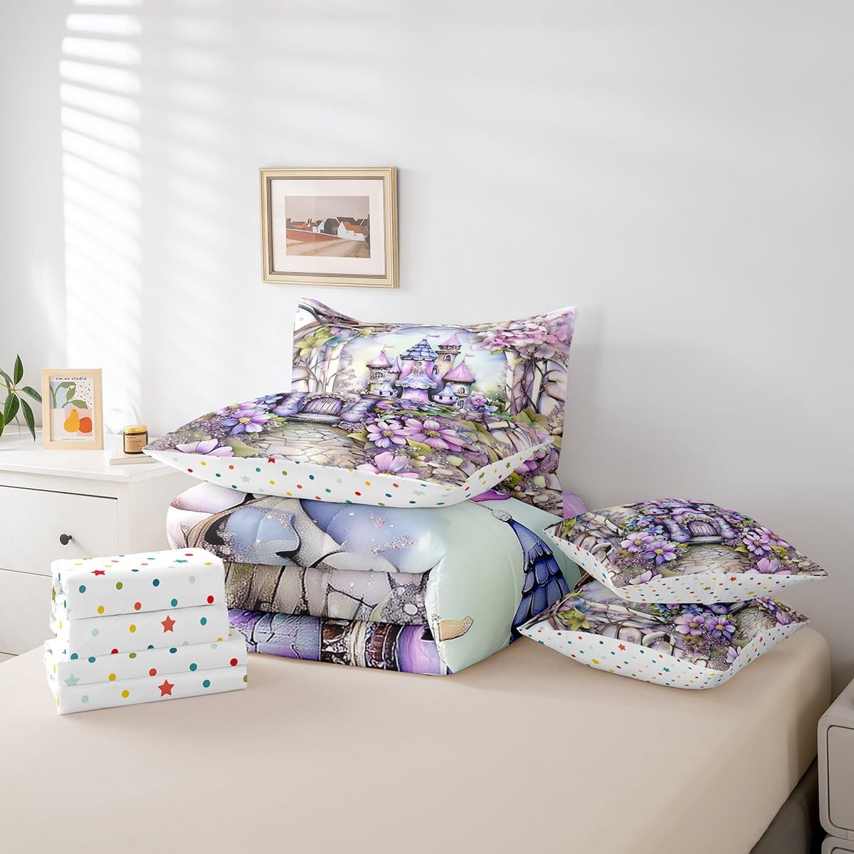 Feelyou Boys Girls Princess Bed in A Bag Queen Size, Dreamy Castle 7 Pieces Bedding Set Romantic Comforter Set with Sheets Kids Floral Flower Teens Bed Set Bedroom Decor 7Pcs