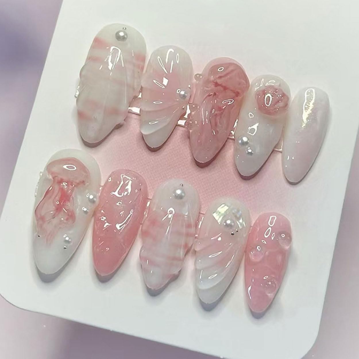 Press on Nails Almond Medium Pink Fake Nails French Tip False Nails Press ons with Shell Ocean Design Glue on Nails Artificial Acrylic Nail Art Glossy Full Cover Stick on Nail Supplies for Women 24Pcs