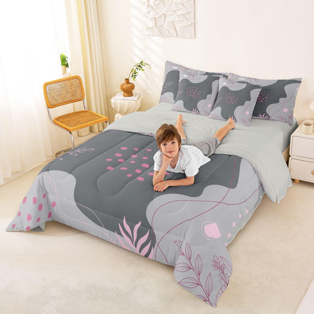 Erosebridal Grey and Pink Twin Comforter Set with Sheets Boho Mid Century 7 Piece Bedding Set Modern Abstract Bed in a Bag, Geometric Lines Room Decor