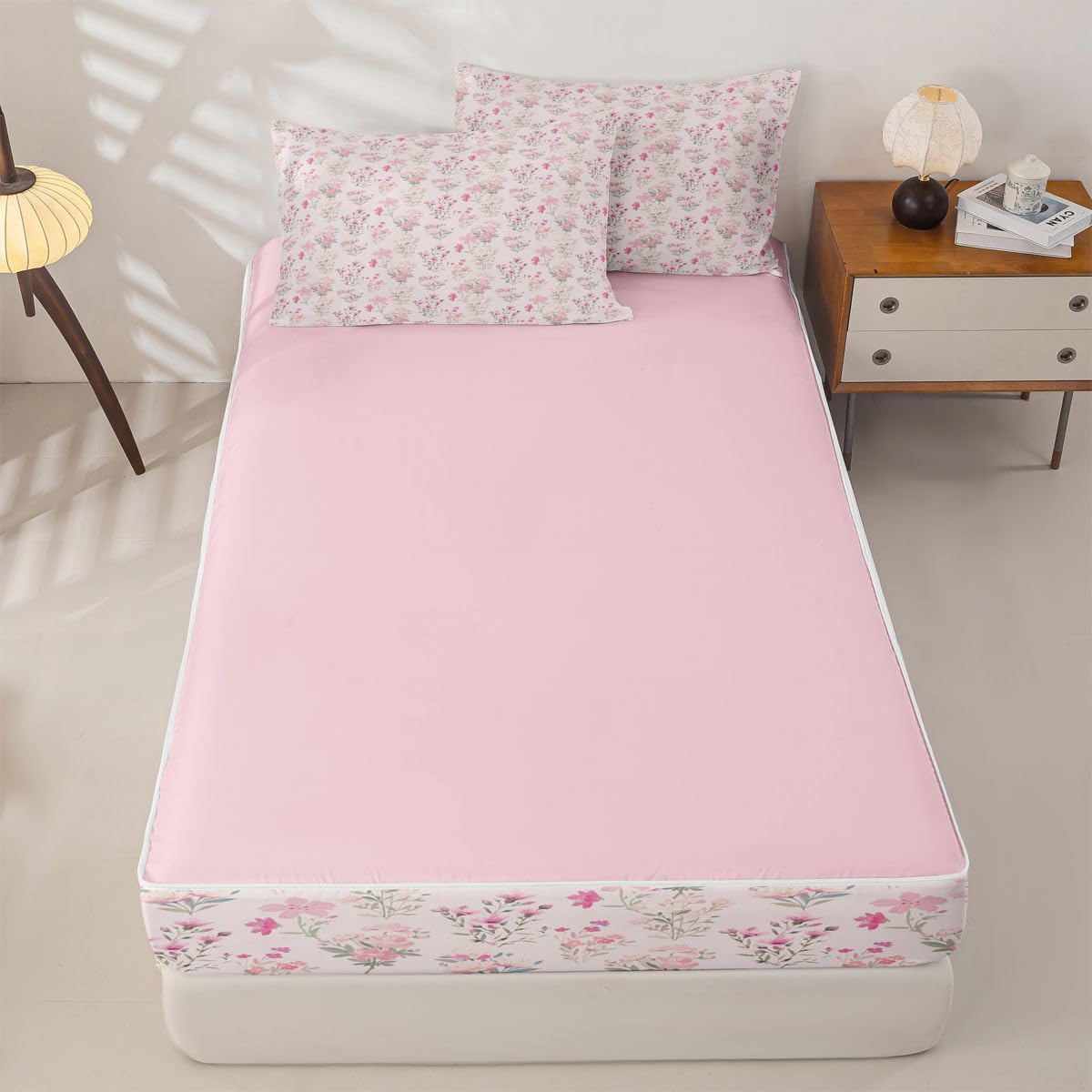 Feelyou Flower Comforter Set Full Size Zipper Bedding Set for Girls Boys Floral Spring Comforter with Fitted Sheet, Pillowcases Pink Green Block Print Zipper Bedding Breathable Boho Bed in a Bag