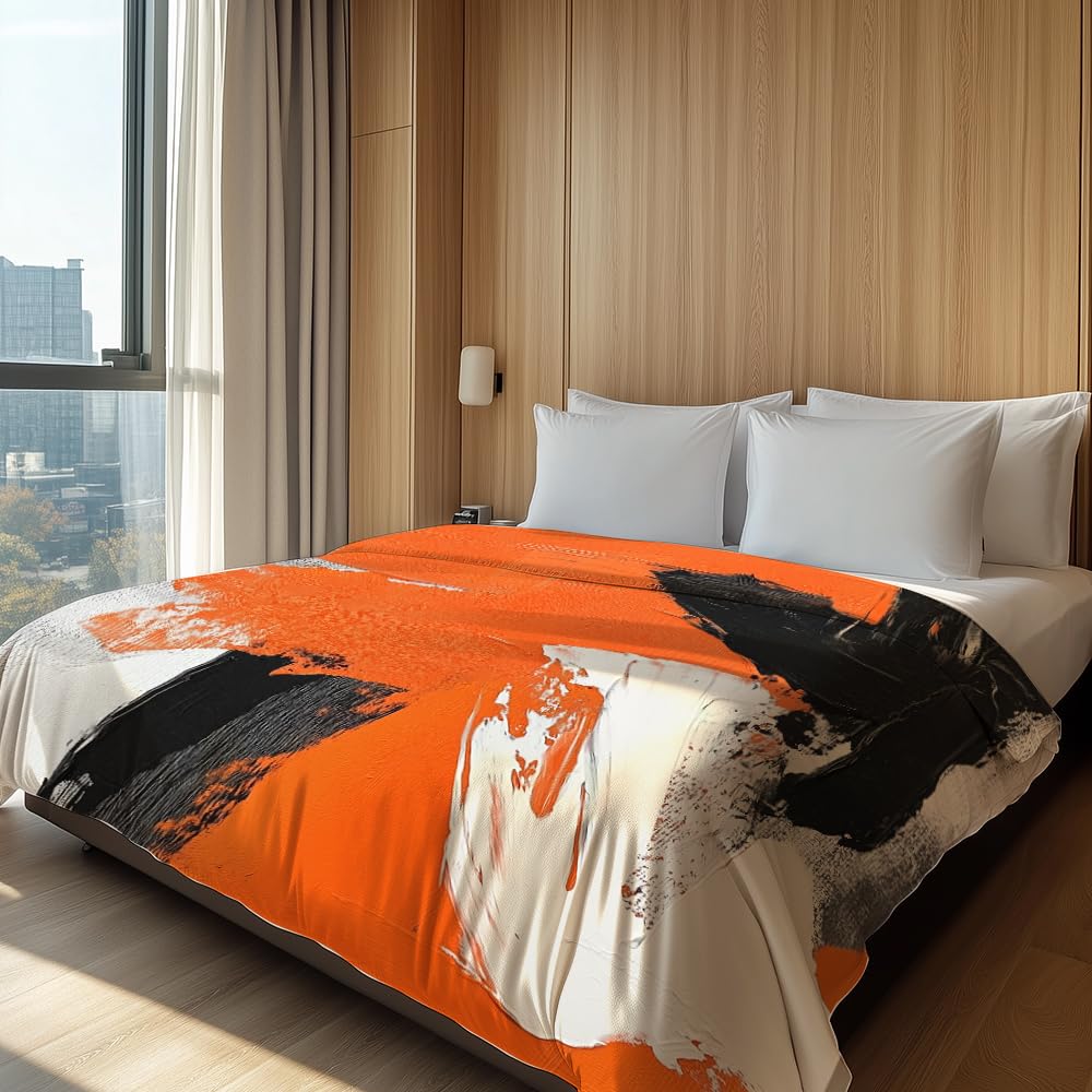 HUNXIAOJ Abstract Throw Blanket Orange and Black Flannel Blanket Abstract Orange Bedding Warm Soft Flannel for Bed Sofa Couch (59in x 70in)