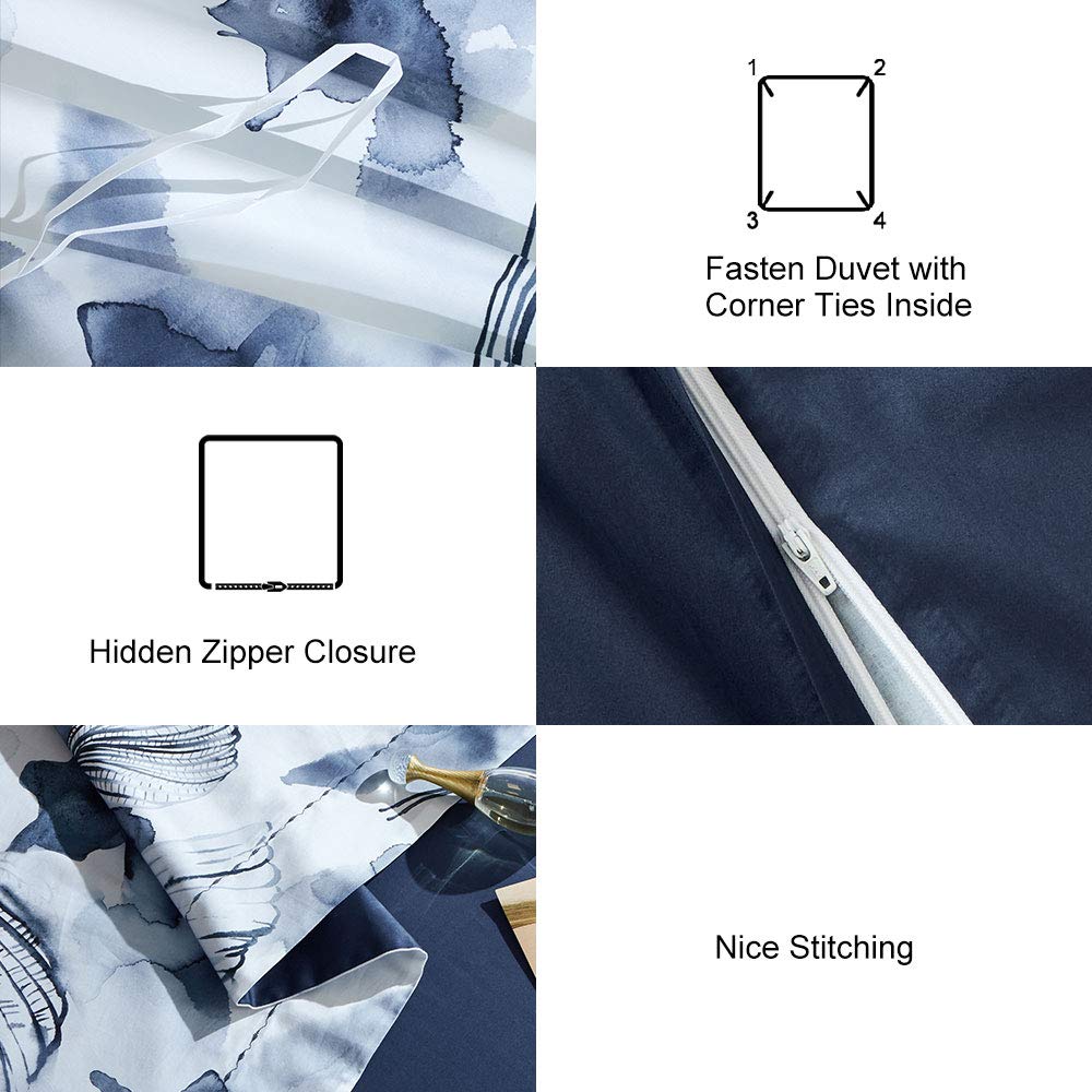 MILDLY Cotton Queen Duvet Cover Pillow Shams 3 Pieces Set Designed Blue Spring Floral Pattern Printed Bedding Set with Zipper Closure and Corner Ties (No Comforter)