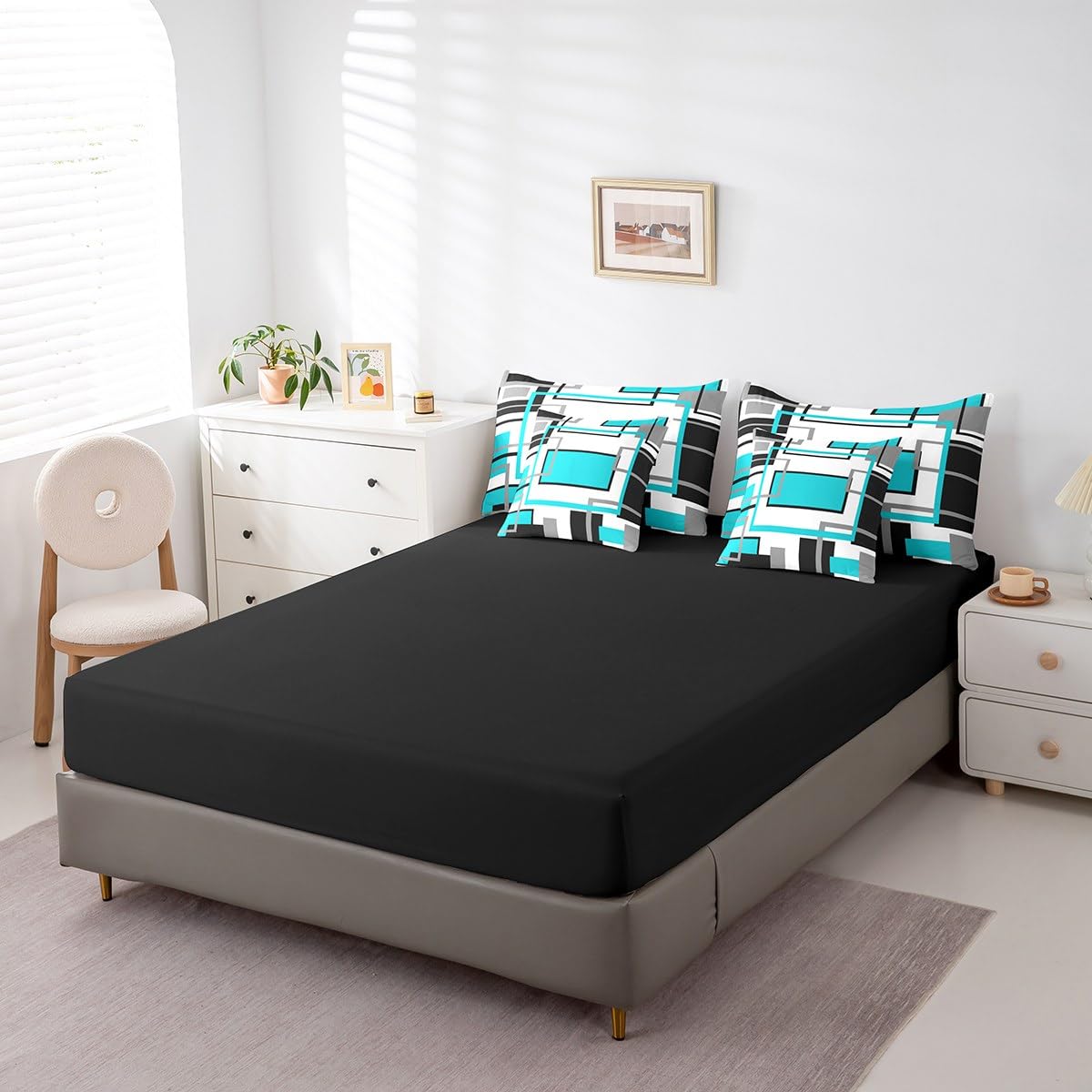 Erosebridal 7Pcs Teal Black White Geometric Abstract Twin Size Comforter Set,Modern Square Striped Bed in A Bag,Boho Bedding,Minimalist Contemporary Art Aesthetic Quilt Set with Pillowcases