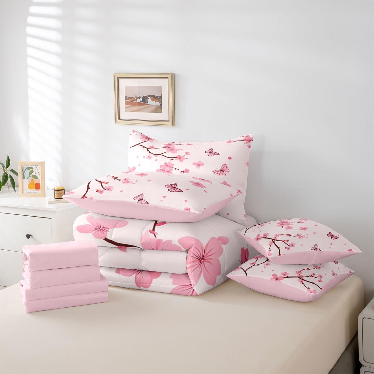 Erosebridal Cherry Blossom Comforter Set Butterfly Bed in A Bag Queen Size 7 Pieces Botanical Floral Printed Bed Set Room Decor Japanese Style Romantic Theme Pink Bedding with Sheets