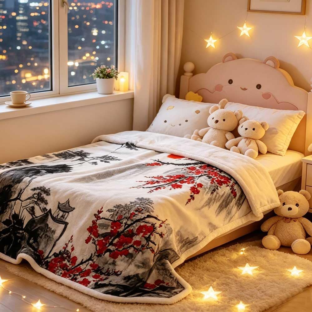 Japanese Blanket, Japanese Cherry Blossom Anime Blanket, Asian Ink Painting Asian Blankets, Red Plum Blossom & Mountain Landscape Soft Cozy Blankets for Couch, Bed, Office, Home Decor, 50X60 inch