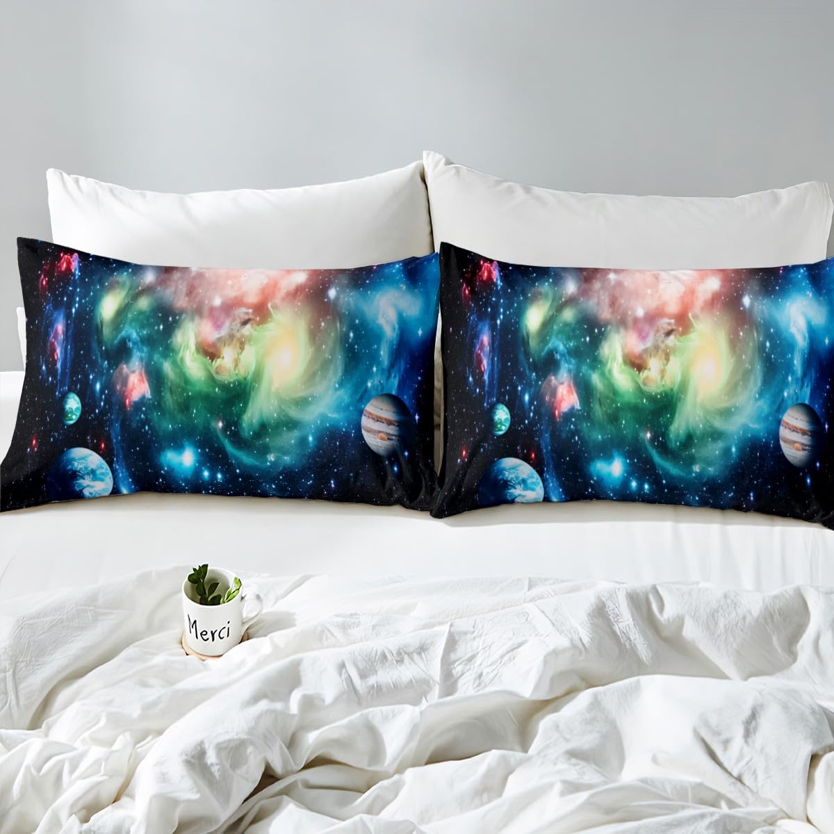Feelyou 3D Galaxy Outer Space Bedding Set Kids Boys Girls Boho Psychedelic Fitted Sheet Universe Planet Bed Sheet Set Astronomical Bed Cover,Room Decor 3Pcs Sheets Full Size