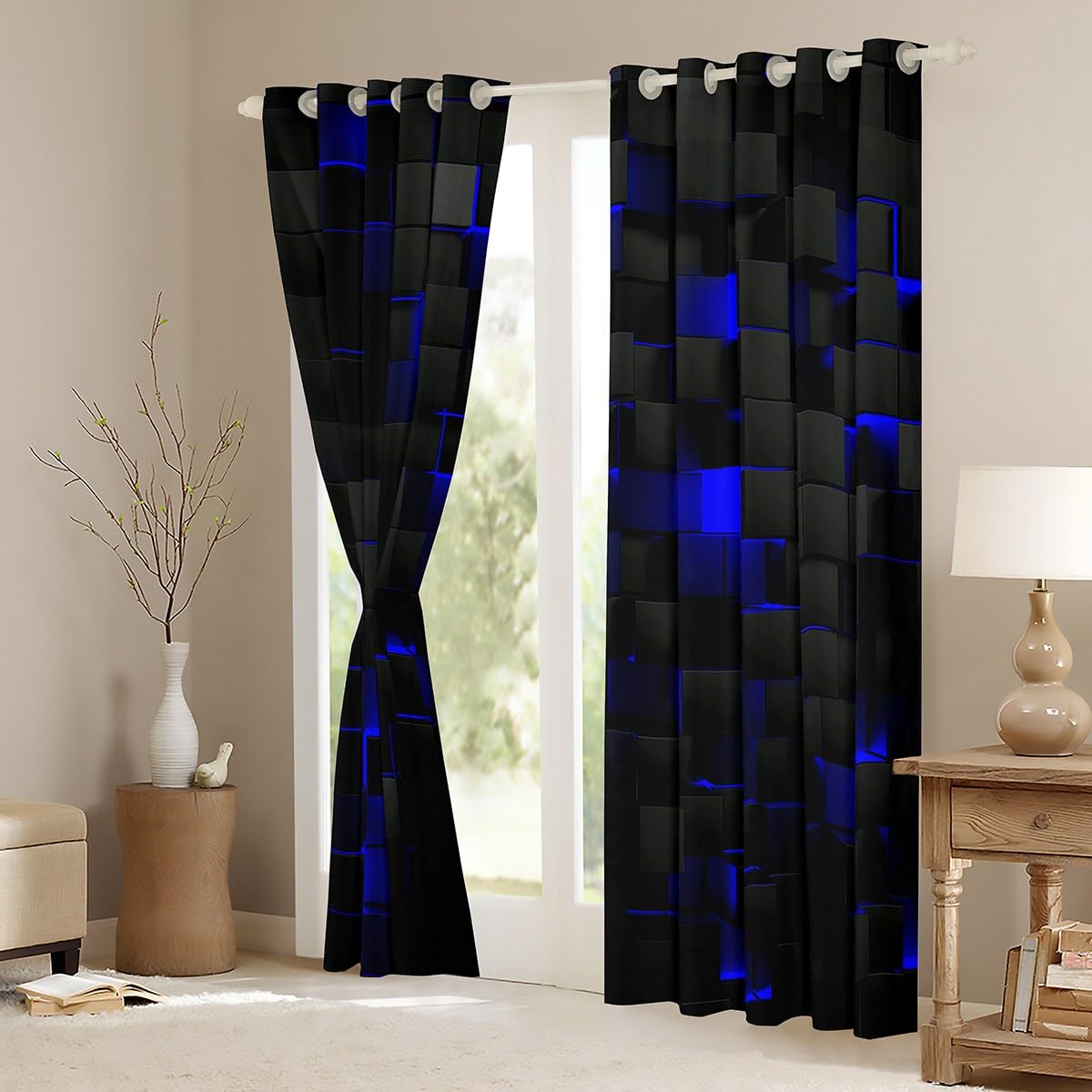 Erosebridal Geometric 50% Blackout Curtains 38" Wx45 L Black Navy Royal Blue Window Curtains for Boys Men Gamer Room Decor,Neon Abstract Stereoscopic Check Grid Plaid Window Drapes 2 Panels