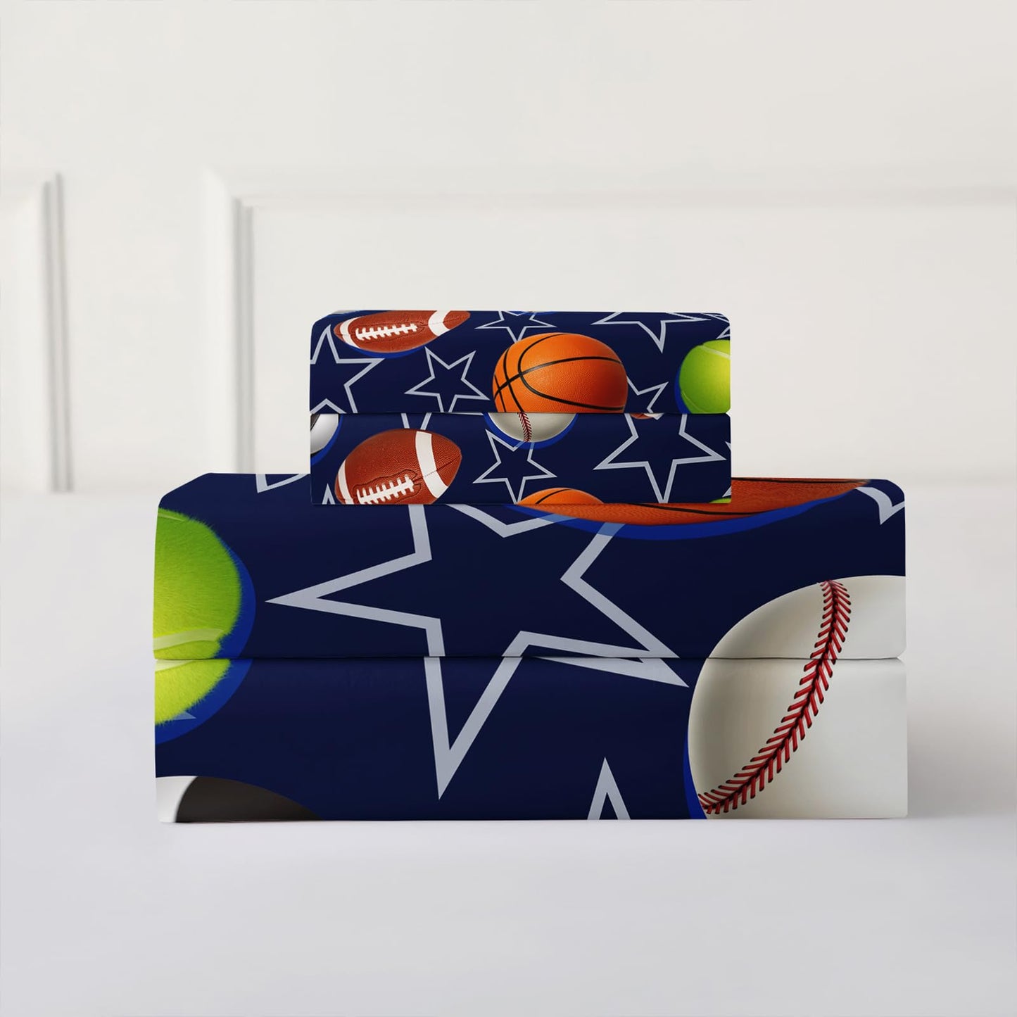 QOOMO Ball Print Kids Sheet Set Full Size,Soccer Basketball Bedding Set Lightweight for All Seasons,Blue Sets for Boy Room Decoration,1 Fitted Sheet,1 Flat Sheet,2 Pillow Cases