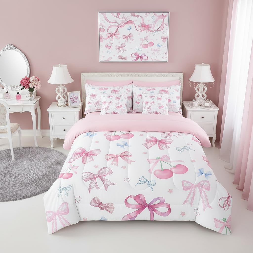 7 Pieces Pink Bow Girls Comforter Set Full,Cherry Bowknot Print for Kids Girl Woman,Butterfly Bow Bedding Cute Sweet Princess Style Comforter+Fitted+Flat Sheet+2 Pillowcases+2 Throw Pillow Covers