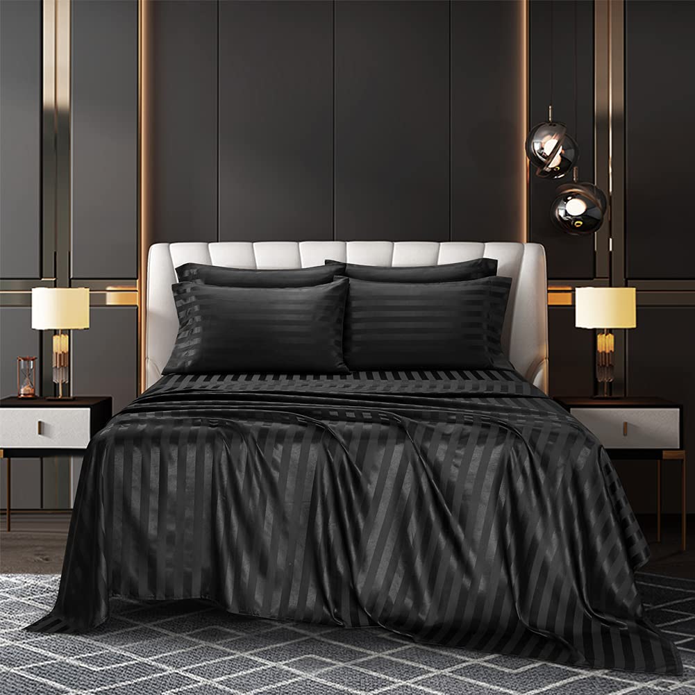 AiMay 4 Piece King Size Satin Bed Sheet Set Striped Italian Style Deep Pocket Solid Color 1800 Series Luxury Silky Super Soft 1 Flat Sheet 1 Fitted Sheet 2 Envelope Pillowcases(Black, King 4pc)