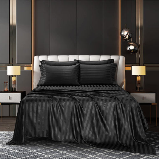 AiMay 4 Piece King Size Satin Bed Sheet Set Striped Italian Style Deep Pocket Solid Color 1800 Series Luxury Silky Super Soft 1 Flat Sheet 1 Fitted Sheet 2 Envelope Pillowcases(Black, King 4pc)