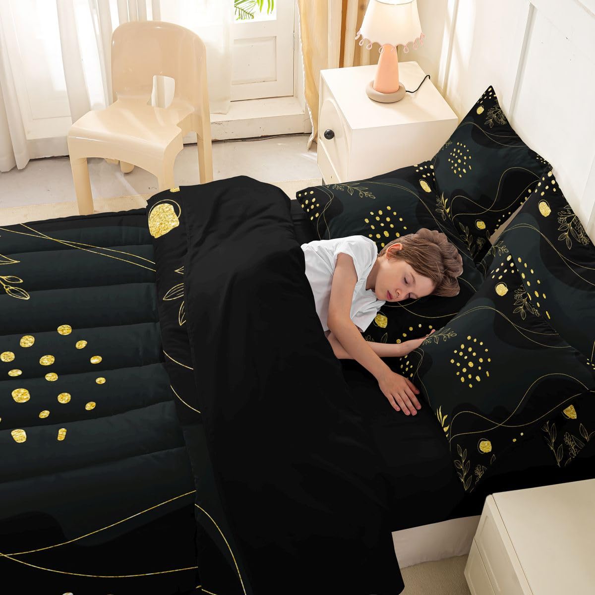Erosebridal Mid Century Full Size Bed Sheets and Comforter Set Geometric Lines 7 Piece Bedding Set Boho Black Gold Bed in a Bag, Abstract Art Room Decor