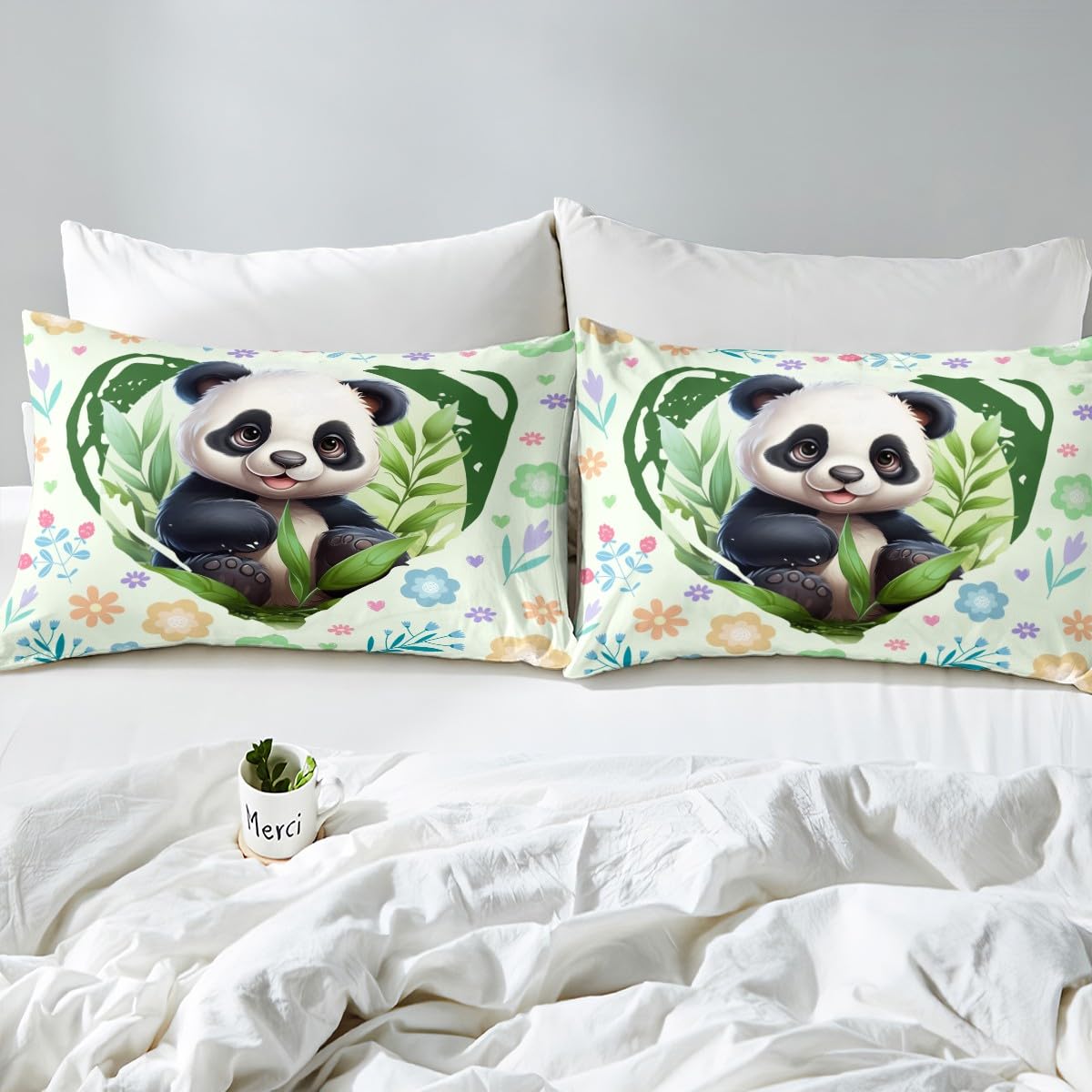 Manfei Kawaii Panda Bed Sheet Set Twin Size,Cute Wild Animal Bamboo Sheet Set,Green Love Heart Flowers Leaves Graffiti Bedding Decor Set with 1 Flat & 1 Fitted Sheet with 1 Pillow Sham