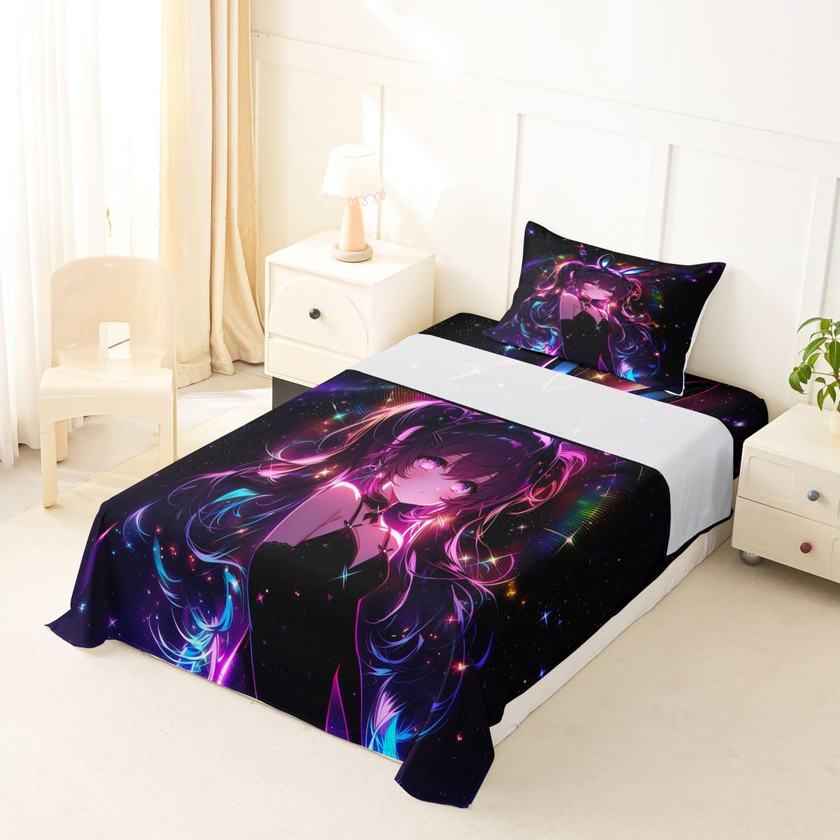 Erosebridal Cute Bunny Girls Sheets Twin Japanese Anime Girl Bed Sheets Set Cartoon 3D Sheet Set for Boys Girls Magical Neon Stars Bed Sets 3Pcs