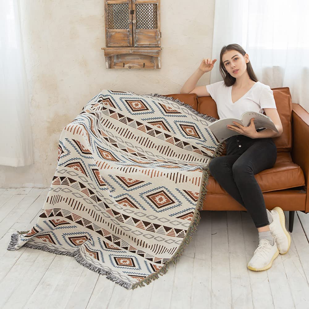 Lqprom Boho Throw Blankets Knit Bed Blankets with Tassel Aztec Western Throws Cover Farmhouse Decor for All Season Sofa Couch Chair Outdoor Camping Picnic Tent Beach Car Traveling 63"x87"