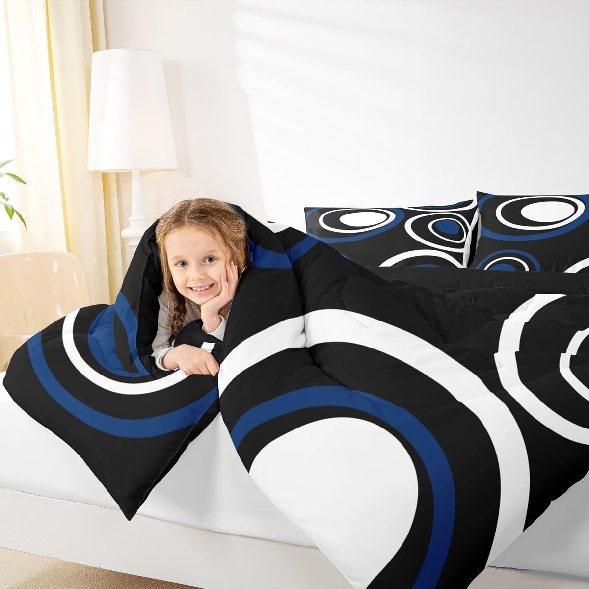 Erosebridal Black Blue Vortex Queen Comforter Set for Adult Women Men Chic Geometric Abstract Mens Bedding Set Striped Aesthetic Circles Bed Set Boho Modern Quilt Set