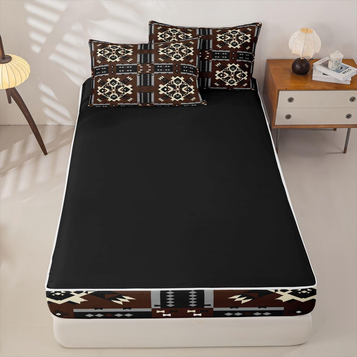 Brown Aztec Zipper Bedding Set Full,Southwestern Tribal Bed-in-a-Bag Set Zip-Up Comforter with Fitted Sheet & Pillowcases,Black and White Native Farmhouse Bedroom Decor for Kids & Teens Pet Friendly