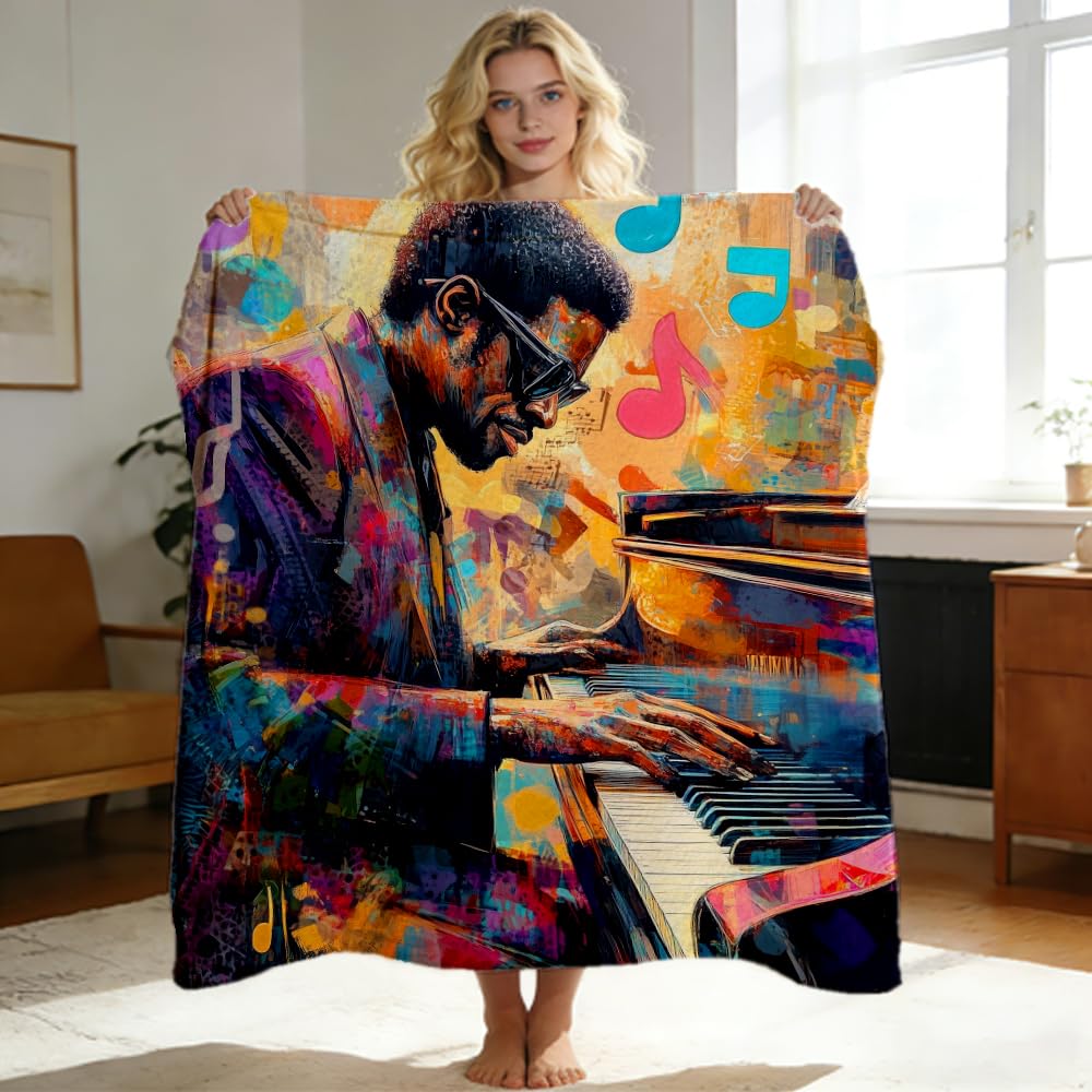 ZHOUSHUTONG African American Music Throw Blanket Black Music Print Super Soft Warm Cozy Flannel Blanket for Couch Bedroom Office Home Decor Gift for Music Lovers 49"x59"