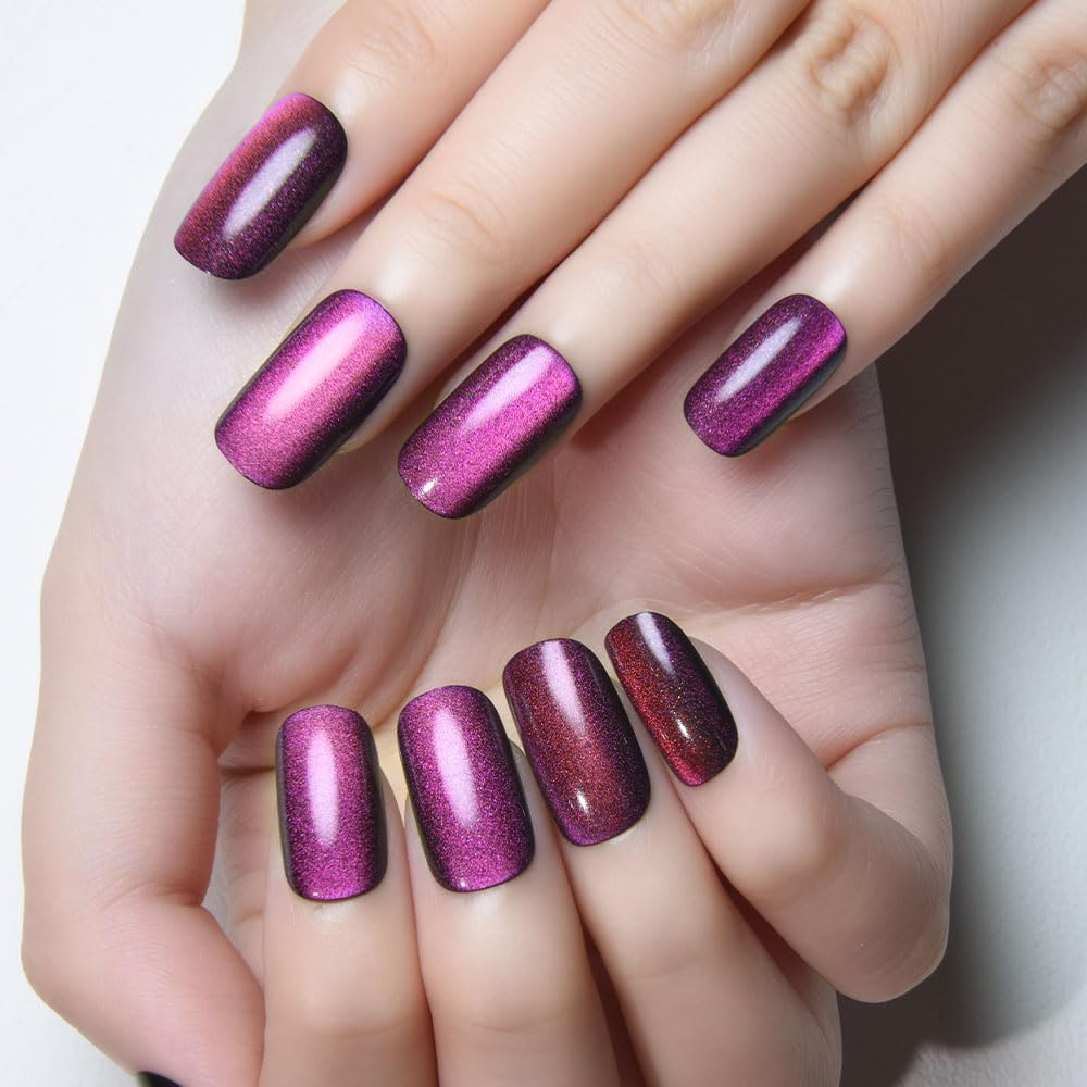 Purple Cat Eye Press on Nails Medium Square, Medium Square Stick on Fake Nails for Women Gift, Dark Purple Holographic Glitter Glossy Reusable Soft Gel Stick Press on Acrylic False Nail with Designs