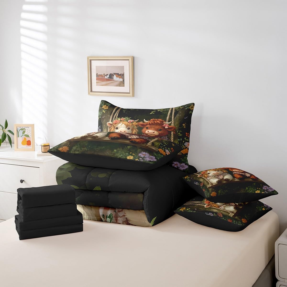 Erosebridal Highland Cow 7 Pieces Bedding Set Western Cow King Comforter Set with Sheets for Boys Girls Kids Room Decor Farmhouse Animal Bed in a Bag Flower Bed Set