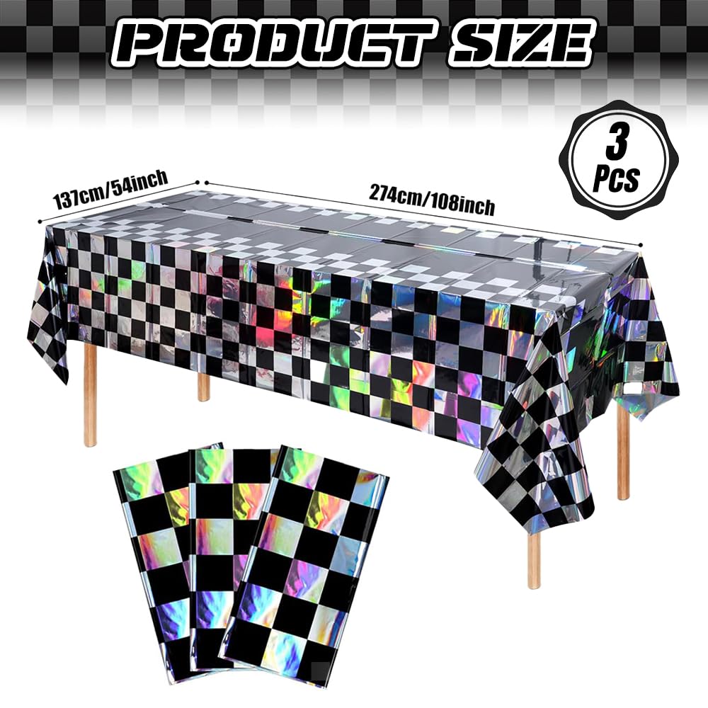 2Pack Iridescent Race Car Checkered Tablecloth Disposable Party Decorations