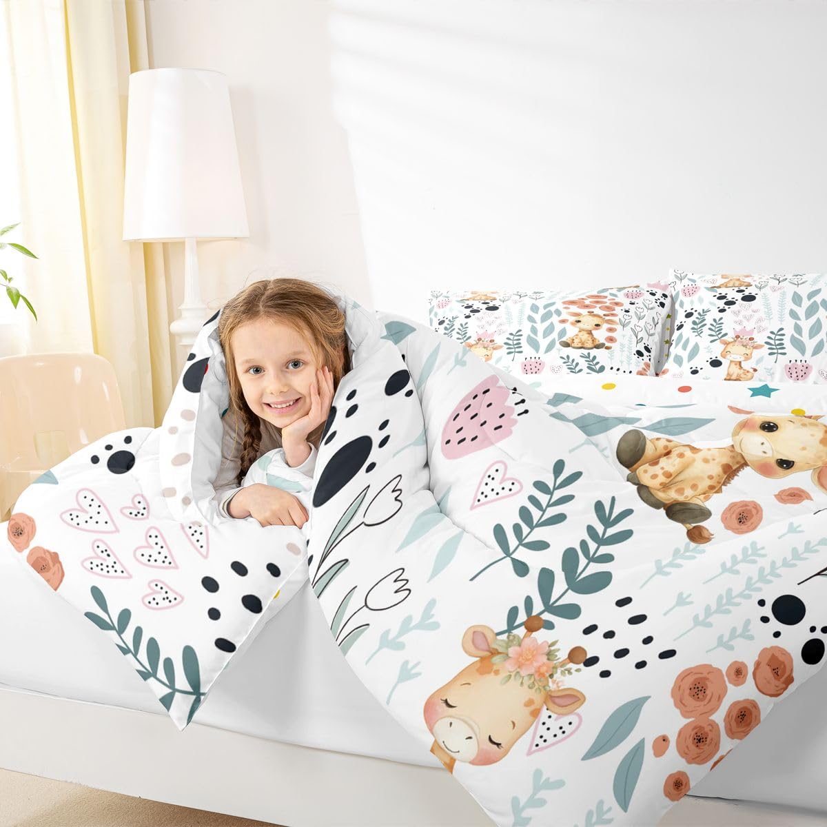 Erosebridal Kawaii Giraffe Bedding Set,Cartoon Giraffe Comforter Set Twin,Cute Love Heart Leaf Flower Comforter Set for Kids Girls Boys,Paw Print Animals Quilt Duvet Insert with 1 Pillow Case