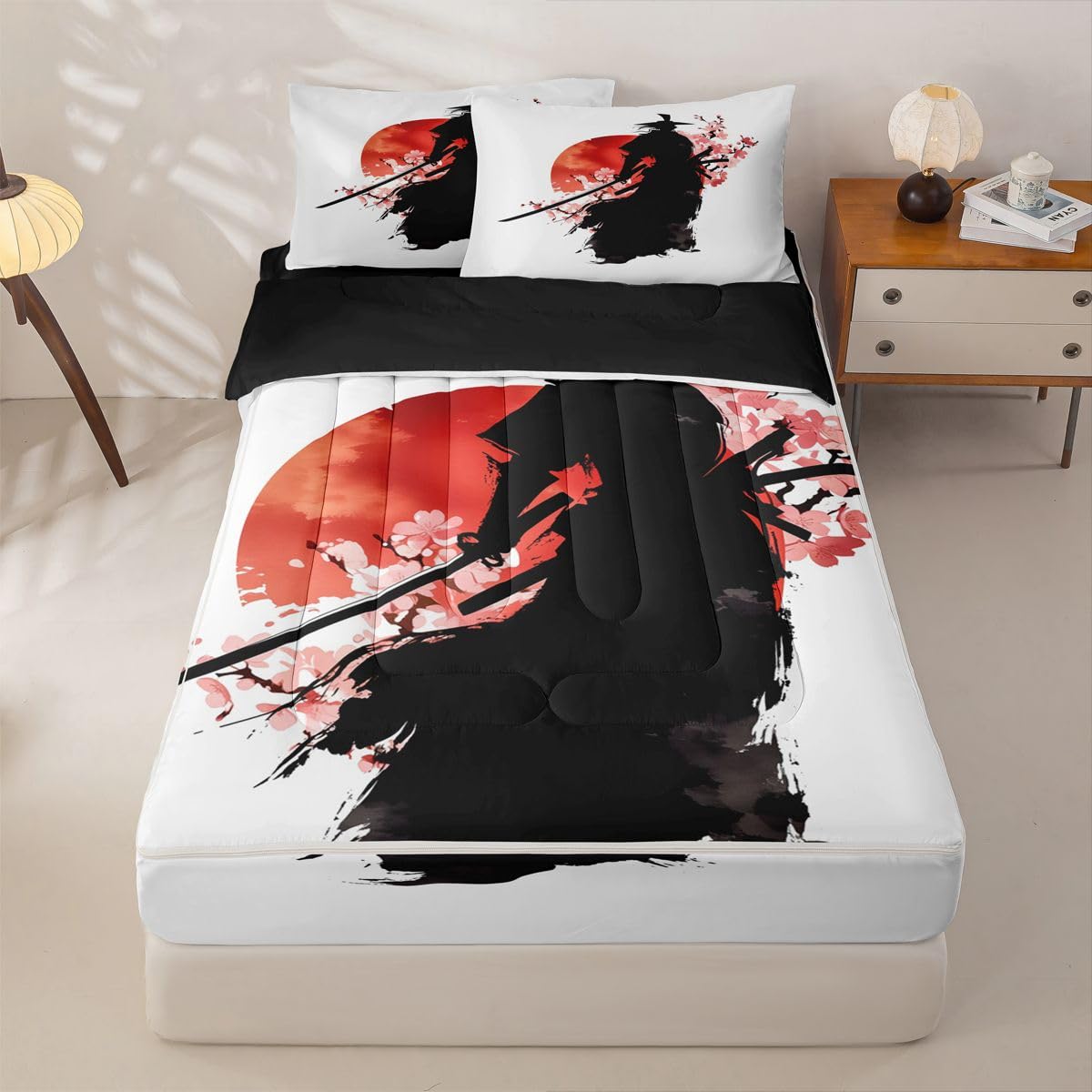 Erosebridal Samurai Zip Up Bedding Comforter Sets Twin Size, Red Sun Japanese Comforter in One Zipper - Japan Warrior Bedding Set with Pillowcases