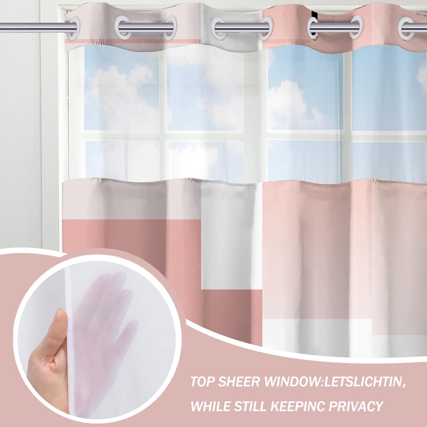 Pink Hookless Shower Curtain Set with Snap in Liner, Pink White Bathroom Decor, 71x74 Inches, Geometric Bathroom Curtain with Liner and See Through Top Window