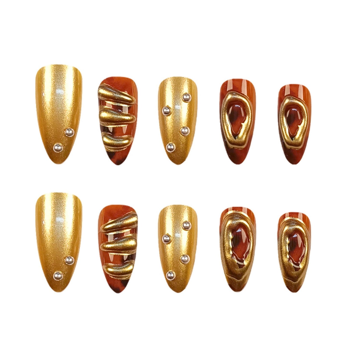 RUOKEXIN Almond Press on Nails Medium Fake Nails Gold False Nails with 3D Designs Spring Summer Nail Press ons Sparkly Artificial Nails for Women 24Pcs