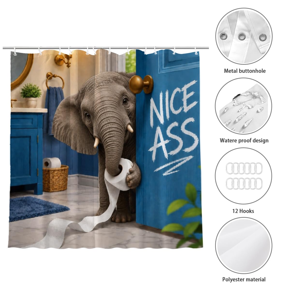 LFINKARTGOGO Funny Elephant Shower Curtain 72x72 with 12 Hooks Humor Pet Animal Print Waterproof Washable Polyester Bath Curtain for Home Hotel Decor