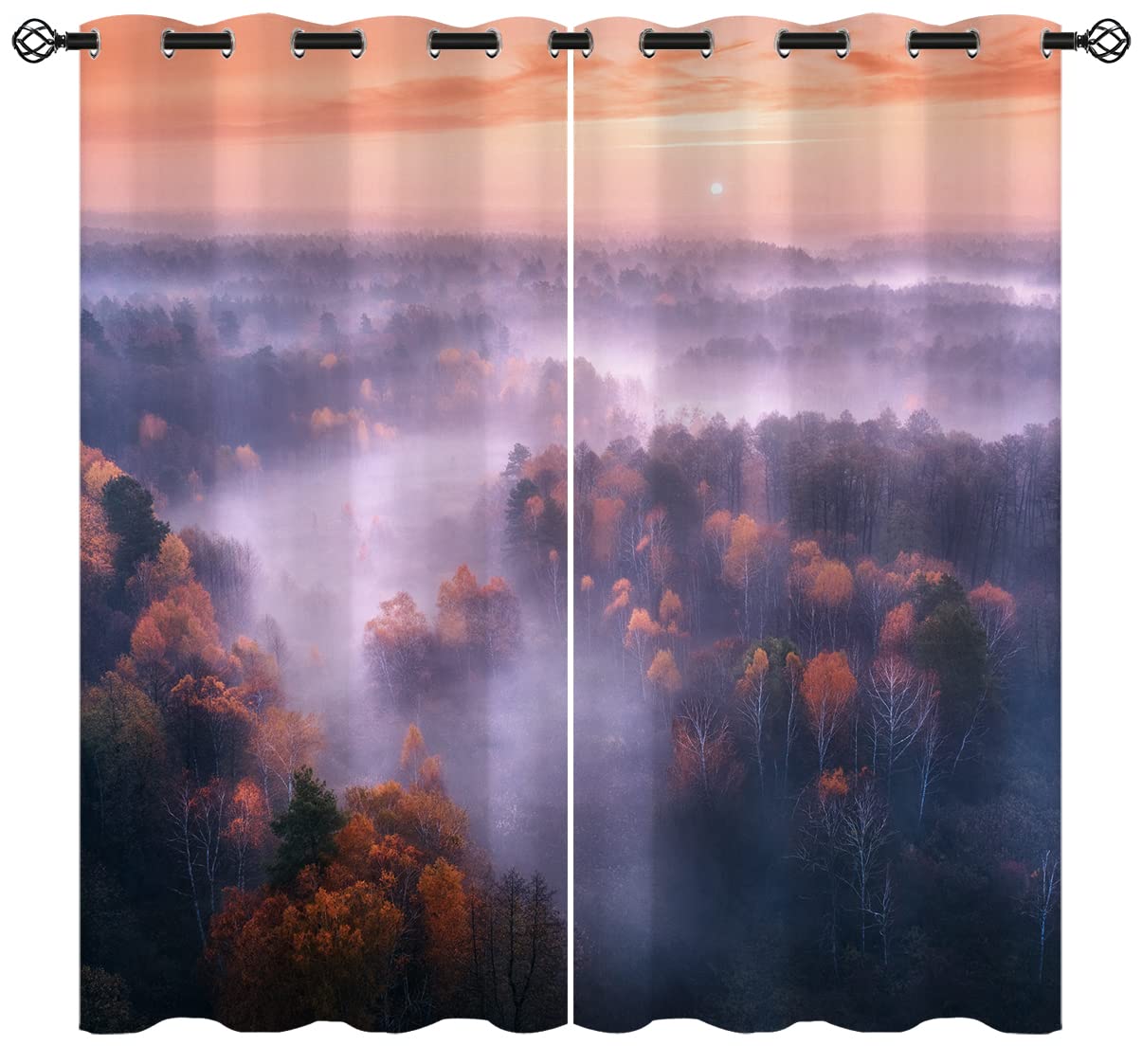 Autumn Forest Blackout Curtains for Girls Boy Home Decor, Rustic Nature Misty Foggy Red Woodland Grommet Thermal Insulated Drapes Darkening Window Curtain for Bedroom Living Room, 42 x 45 Inch