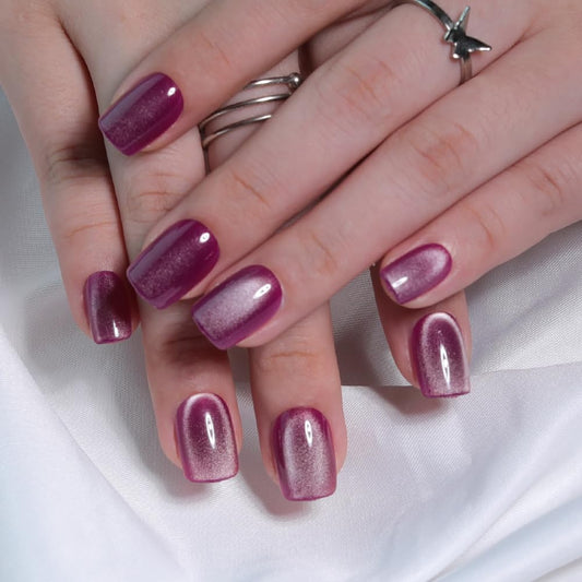 Stbisen Berry Purple Cat Eye Press On Nails Short – Square Fake Nails with Color-Shifting Glow, Glossy Gel Acrylic Nails 15 Sizes, 30 Nails, Thick Reusable Glue On Nails for Daily Wear & Women Gifts
