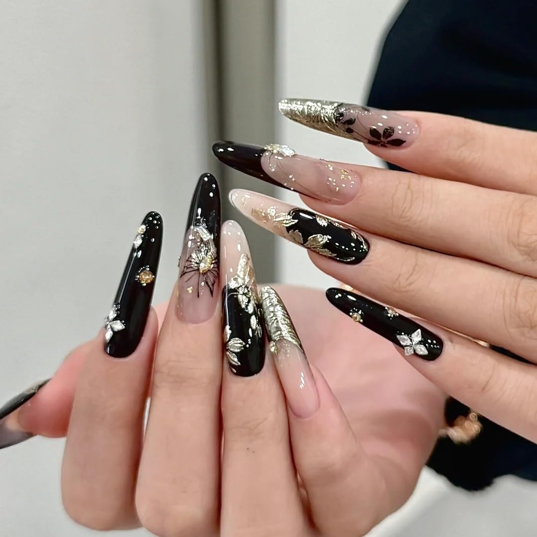 TENPAL 10Pcs Heirloom Chinese Bridal Press On Nails With Tools,Red Gold Phoenix Dragon Designs Fake Nails Long Stiletto,Full Crystals Heavy Relief Luxury Wedding Set Glue on Nails for Cheongsam(S)
