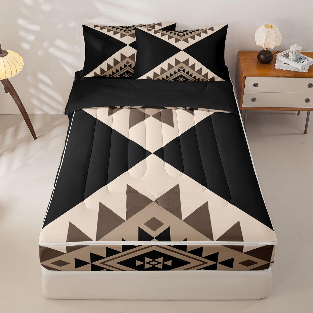 Erosebridal Black Beige Abstract Zipper Bedding Set Twin Modern Boho Western Aztec Zipper Comforter Set with Sheets Stripes Bed in a Bag Minimalist Stylish Art Southwestern Bed Sets with 2 Pillowcases