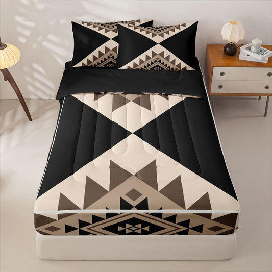 Erosebridal Black Beige Abstract Zipper Bedding Set Twin Modern Boho Western Aztec Zipper Comforter Set with Sheets Stripes Bed in a Bag Minimalist Stylish Art Southwestern Bed Sets with 2 Pillowcases