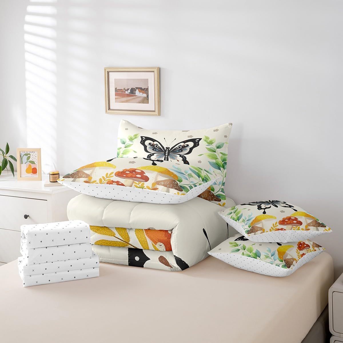 Feelyou Kids Butterfly Floral Bed in A Bag Twin Size, Bohemian 7 Pieces Bedding Set Boys Girls Cute Mushroom Comforter Set with Sheets Boho Exotic Teens Bed Set Bedroom Decor 7Pcs