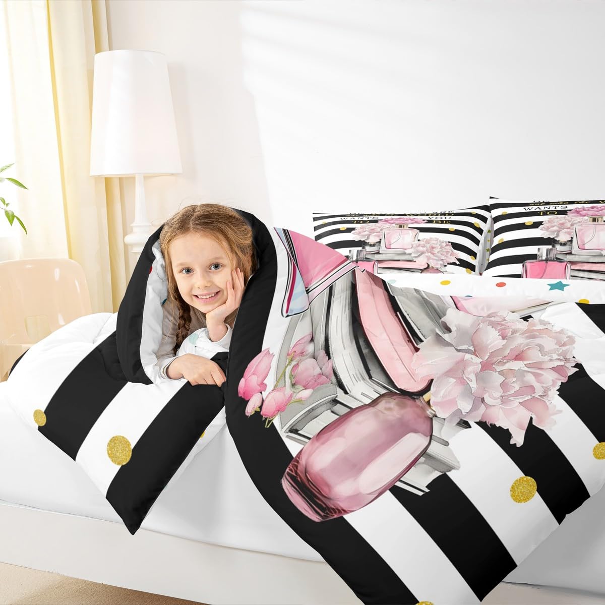 Erosebridal Pink King Bedding Set for Girls Kids Teens Girly Boho Fashion Preppy Cute Comforter Geometric Modern Black and White Stripe Duvet Insert Women Perfume and Book Coquette Bow Quilt