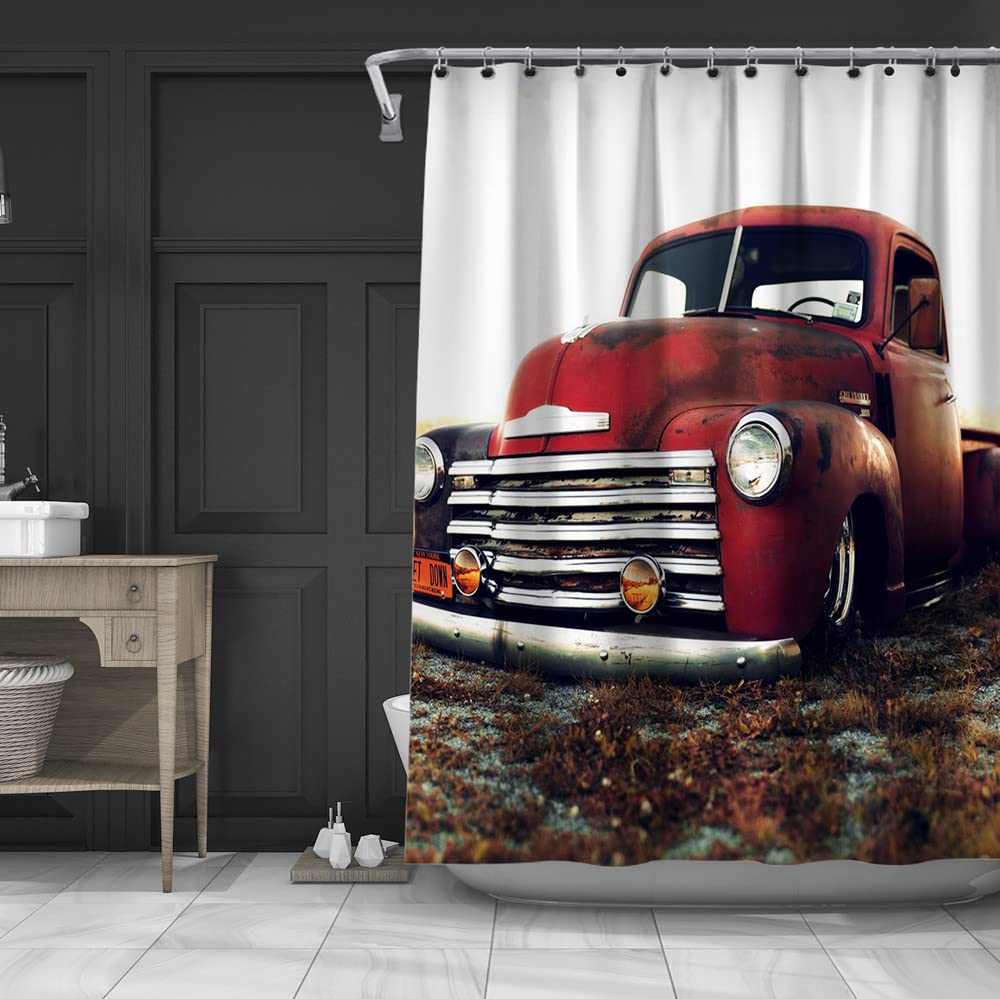 GoJeek Old Red Truck Shower Curtain Retro Rustic Red Truck Cars Bathroom Decor (72?x72?)