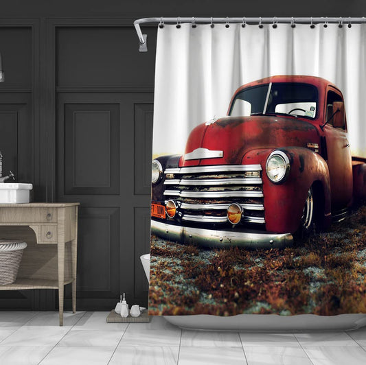 GoJeek Old Red Truck Shower Curtain Retro Rustic Red Truck Cars Bathroom Decor (72?x72?)