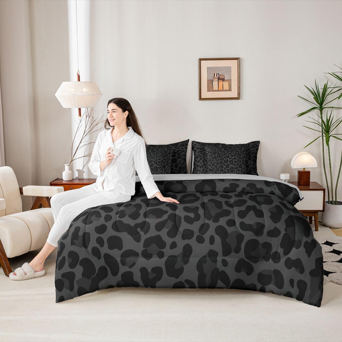 Erosebridal Leopard Print Comforter Set King for Boys Western Cheetah Bedding Set 7 Piece Black Grey African Wildlife Bed in A Bag for Kids Teens Youth Women Room Modern Animal Skin Texture Sheets