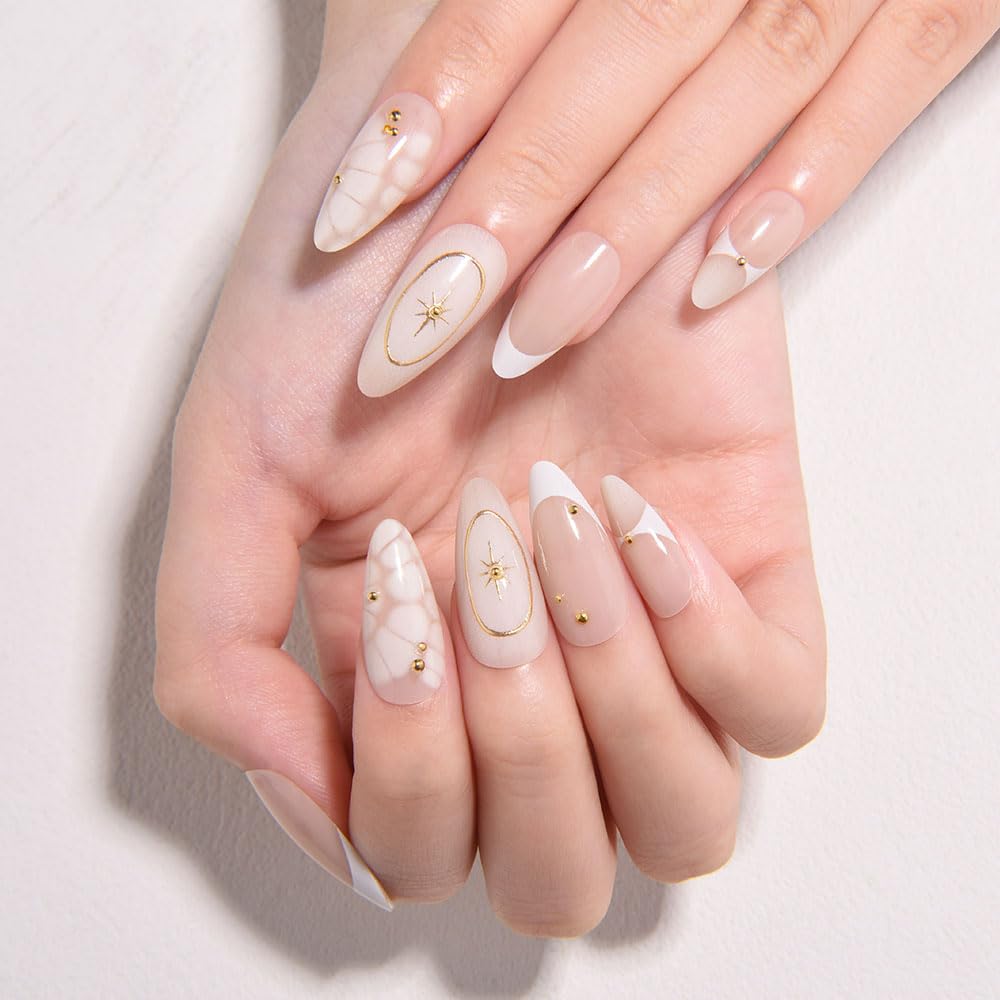 evpct 3D French Press on Nails Medium Almond No Glue with Bohemian Stars Design, White Tip Glossy Stick on Nails for Women with Kit, Reusable Soft Stick on Fake Nail with French Design Perfectly Fit