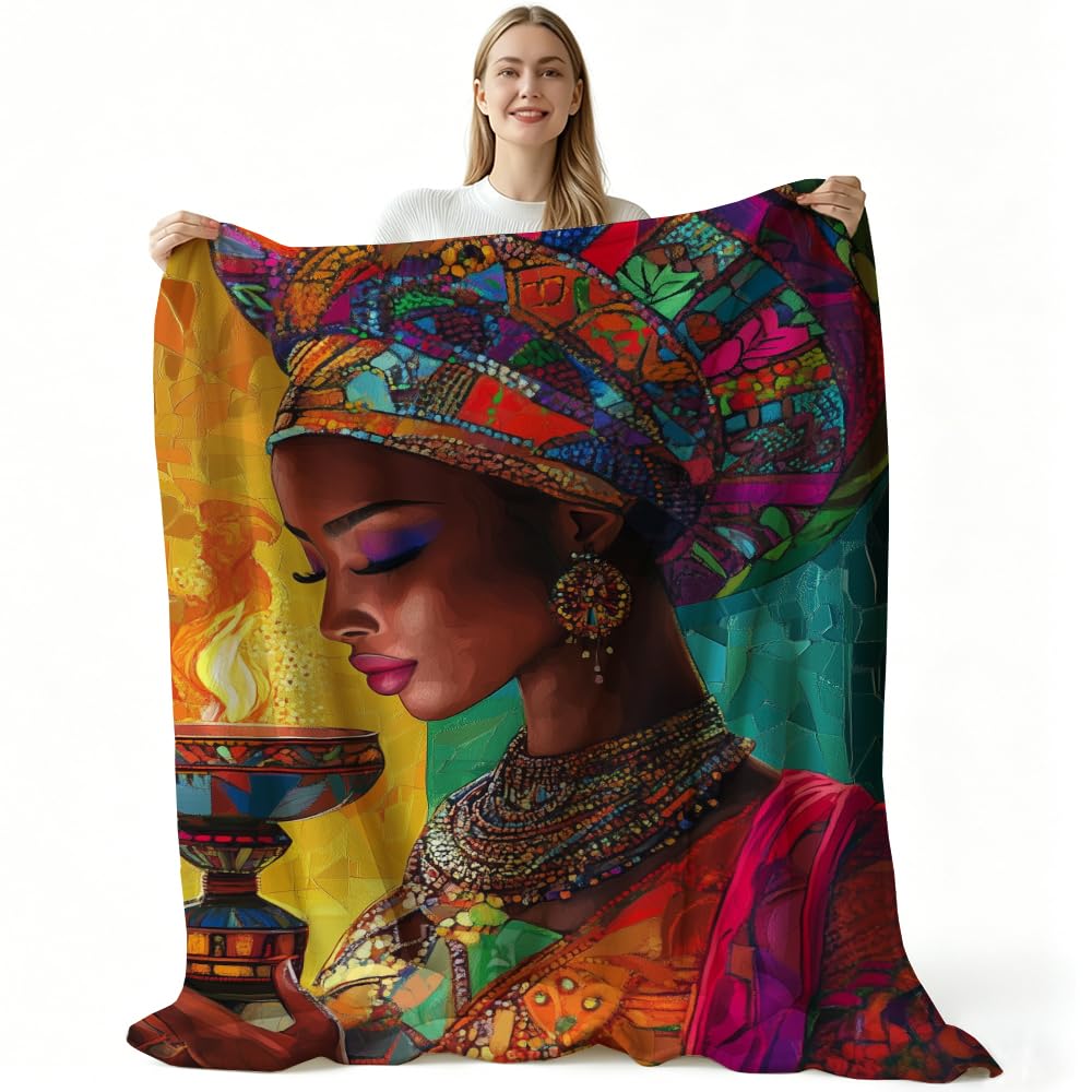 HUNXIAOJ African American Throw Blanket Black Girl Blanket African Gifts for Women Tribal Bedding Ethnic Decor Warm Soft Flannel for Sofa Couch (49in x 59in)